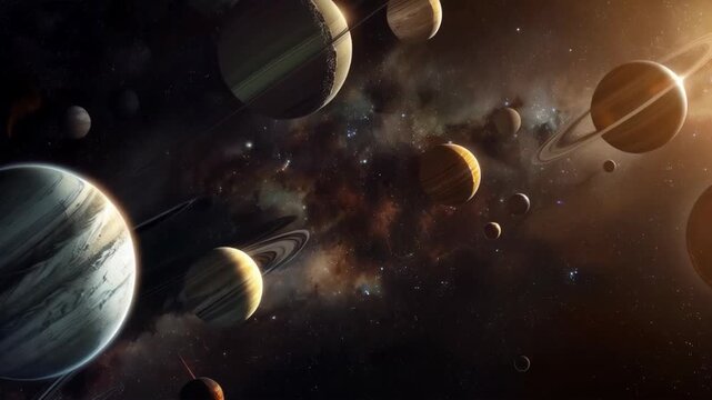 In space, among the stars and nebulae, various planets and satellites float, demonstrating the beauty and boundlessness of the universe — an appropriate backdrop for educational materials on astronomy