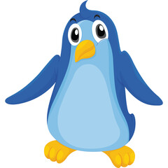 Cute Cartoon Penguin with Blue and Light Blue Feathers Yellow Beak and Orange Feet Standing Frontally with Open Wings and White Transparent Background
