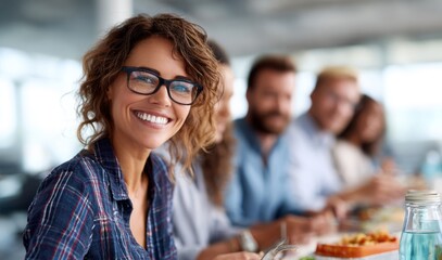 Smiling woman with glasses wearing a plaid shirt sits at a table enjoying a meal with a group of people.