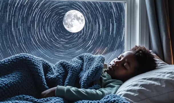 Boy sleeping peacefully near window with moon and star trails at night