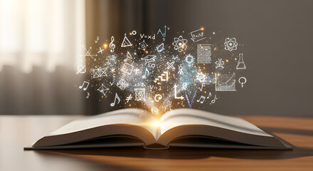 Conceptual image of knowledge and discovery emerging from an open book