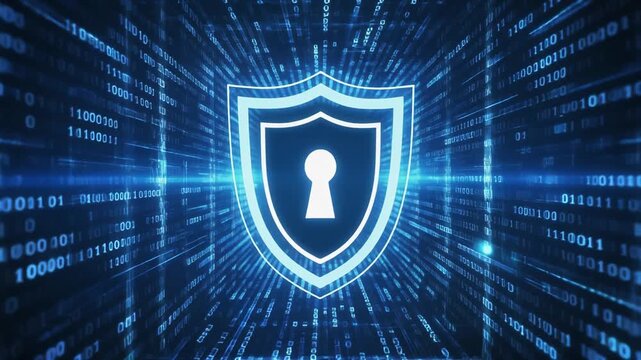 Digital Shield with Keyhole Icon and Binary Code Background for Cybersecurity and Data Protection