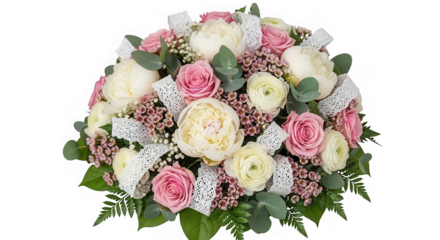Beautiful pink and white flower bouquet with lace ribbon isolated on transparent background