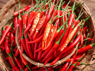 Fresh Red Chili Peppers in Wicker Basket - Sichuan Cooking Ingredients