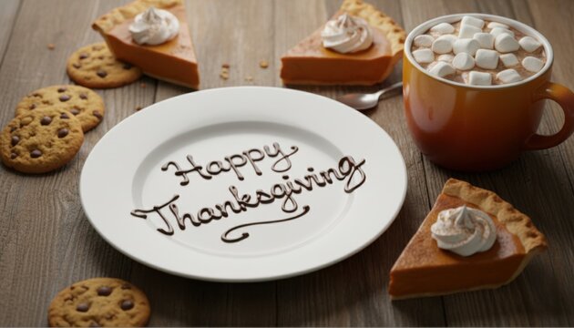 Thanksgiving message written in chocolate syrup on dessert plate with cookies and pumpkin pie slices