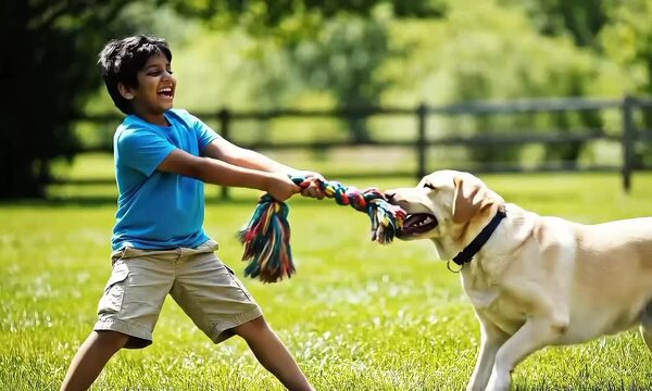 Little boy and labrador playing tug of war with colorful rope toy in grassy field
