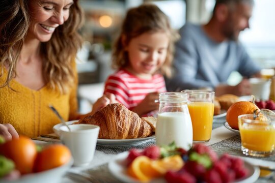 Happy family enjoying a delicious morning breakfast together with croissants milk juice and fresh fruit.