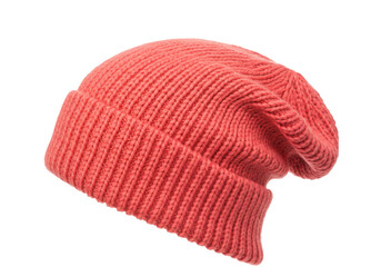 Isolated knitted wool hat in red coral color for winter or autumn outfit, accessory