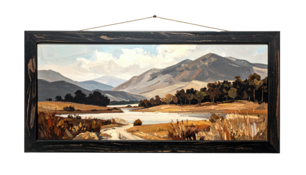 Framed painting hills, lake, trees. Calm, muted colors