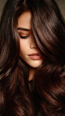 Fototapeta premium Young woman showcasing beautiful, long, wavy brunette hair with rich highlights and healthy shine, emphasizing beauty, hair care, and stylish voluminous locks
