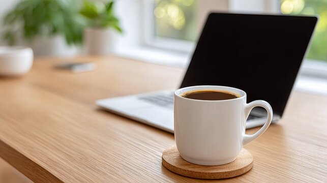 Remote work setup minimalist clean desk with laptop and coffee at home office environment - Powered by Adobe