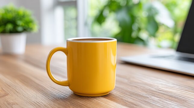 Remote work setup minimalist home office with laptop and coffee mug on desk in clean environment