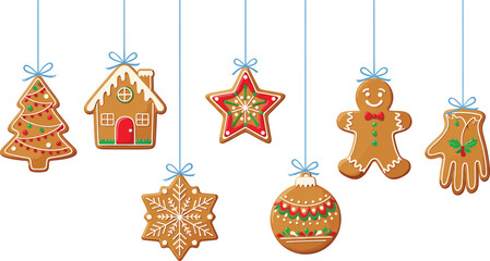Festive Hanging Gingerbread Cookies Set Adorned with Icing, Perfect for Christmas Decorations, Holiday Cards, and Winter Celebrations.