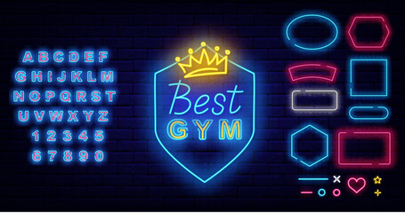 Best gym neon label. Shield with crown. Athletics club. Geometric frames collection. Vector stock illustration