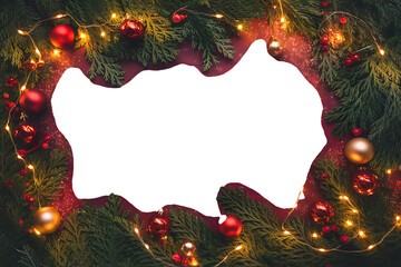 Festive Christmas Holiday Frame with Pine Branches, Baubles, and Warm Twinkling Lights Surrounding a Central White Copy Space