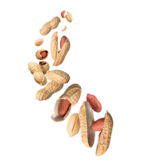 Whole and crushed dried peanuts flying in the air close-up isolated on a white background