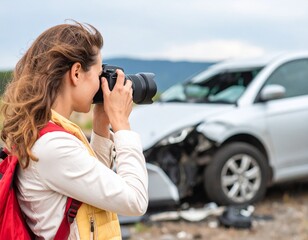 Investigative photographer documents damaged vehicle at crash scene capturing crucial evidence with professional camera
