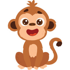 Cute Cartoon Monkey with Big Eyes and Open Mouth Sitting on Transparent Background Playful Animal Character