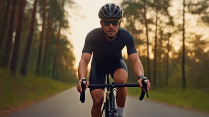 Focused Male Cyclist Riding Road Bike on Asphalt Road Through Sunlit Forest at Golden Hour