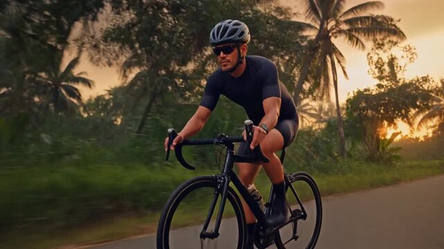 Male Athlete Cycling Road Bike on Scenic Tropical Road at Sunrise - Powered by Adobe