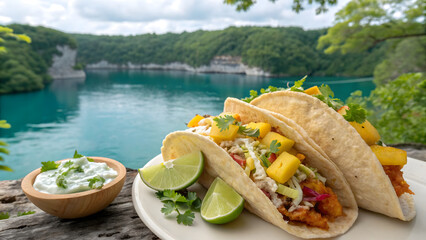 Delicious tacos and dipping sauce served outdoors with a scenic lake and jungle backdrop