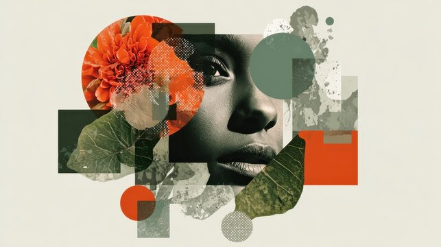 Woman's portrait combined with abstract natural elements, a modern collage blending geometric shapes, textures, and vibrant flowers, representing beauty and growth within art