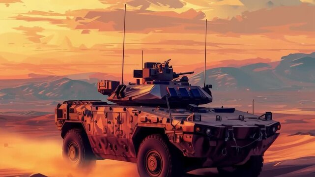 An armoured vehicle against a backdrop of mountains and sunset conveys power and reliability, serving as an impressive backdrop for security news or military equipment advertising.

