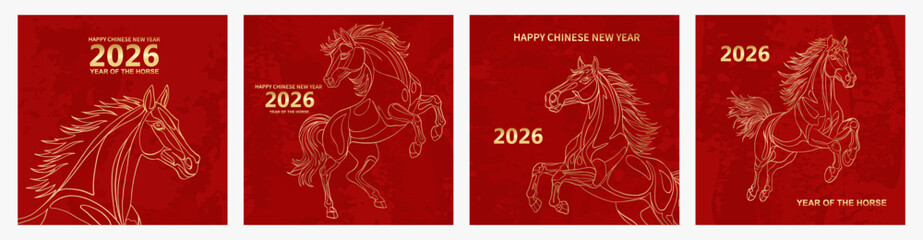 2026 Chinese New Year of the Red Fire Horse Banner Template with Modern Line Art Golden Horse on Red Background. Design Happy Holidays Greeting Card and Invitation of Chines Happy New Year © Hulinska Yevheniia