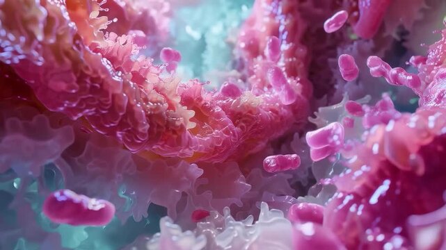 Microscopic bacteria and red blood cells in pink tones illustrate the danger of infections, which is relevant as a scientific background for medical articles or educational materials on health.
