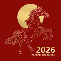 Plakat 2026 Chinese New Year of the Red Fire Horse Banner Template with Modern Line Art Golden Horse on Red Background. Design Happy Holidays Greeting Card and Invitation of Chines Happy New Year