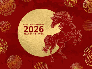 2026 Chinese New Year of the Red Fire Horse Banner Template with Modern Line Art Golden Horse on Red Background. Design Happy Holidays Greeting Card and Invitation of Chines Happy New Year