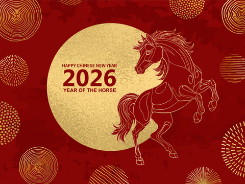 2026 Chinese New Year of the Red Fire Horse Banner Template with Modern Line Art Golden Horse on Red Background. Design Happy Holidays Greeting Card and Invitation of Chines Happy New Year