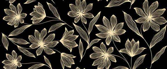 Leaves branch and Hand Drawn doodle Scribble floral plants banner, seamless pattern. Creative minimalist Abstract art background. Design wall decoration, postcard, poster and brochure