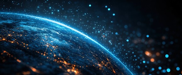 A vibrant, cosmic view of Earth illuminated with blue and orange lights, showcasing interconnected networks and a sense of depth in space.