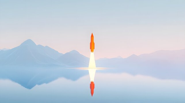 Stylized Rocket Launching Over Calm Lake