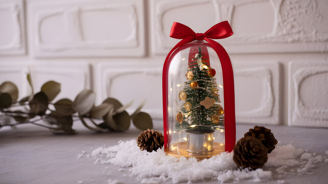 Miniature Christmas tree inside a glass dome tied with a red ribbon festive decoration for holiday season