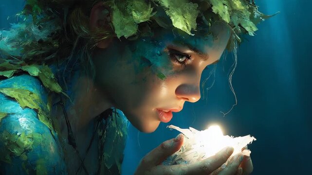 Enigmatic water nymph cradling crystal underwater