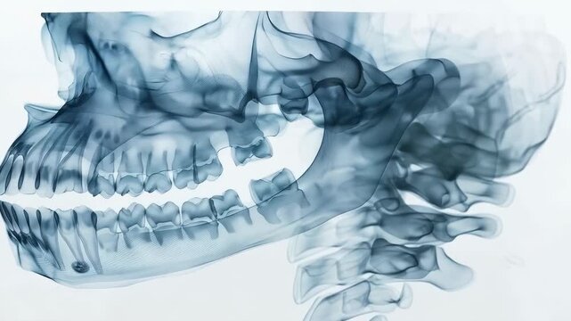 A three-dimensional image of the jaw with teeth demonstrates medical problems and anatomical features, providing informative background information for dental research or educational materials.
