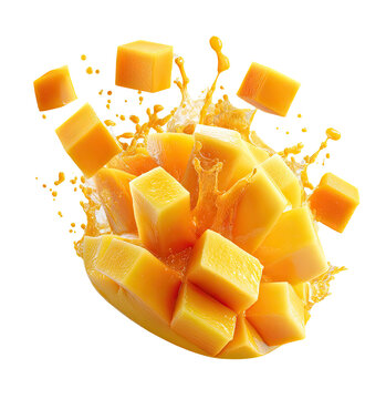 Fresh mango chunks exploding into juice splash