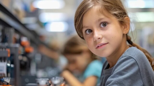 An inquisitive schoolgirl carefully studies mechanisms in a robotics class, illustrating her interest in science and technical creativity for the educational background in teaching materials.
