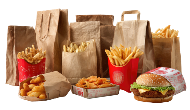 Fast food meal and bags on a black background