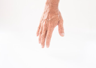 Man hand showing thumbs up sign on white background, closeup.
