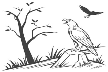 Bare Tree and Hiker Silhouette Vector - Monochrome Graphic