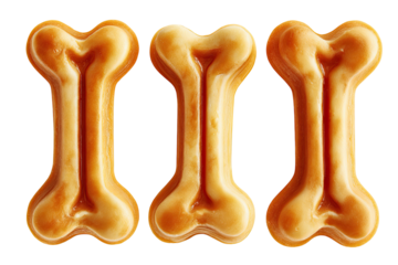 Three golden bone-shaped treats on a black background