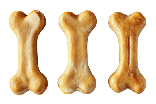 Three bone-shaped dog treats against a black background