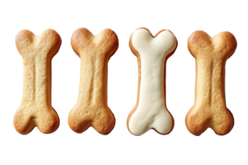 Four bone-shaped treats, one with a white icing coating