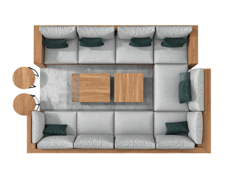 Top-down view large sectional sofa, square tables