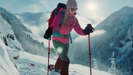On snowy peaks, a female mountaineer with a backpack strides confidently on skis, embodying the spirit of adventure and conquering nature, ideal for a motivational poster or atmospheric backdrop for s