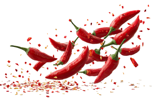 Vibrant red chili peppers cascade, scattering seeds and flakes