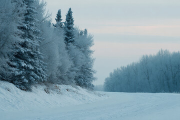 serene winter evening in mystical forest adorned with ultrabright digital lines and abstract symbols